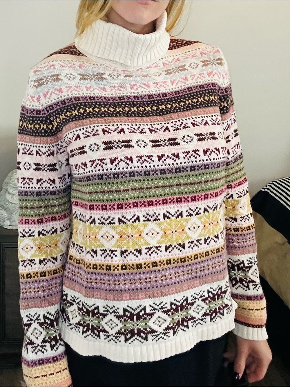 Jones New York Cream Fair Isle Turtleneck Sweater with Multi-Color Stripes